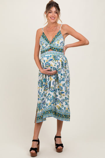 Blue Floral Border Print Cutout Maternity Midi Dress