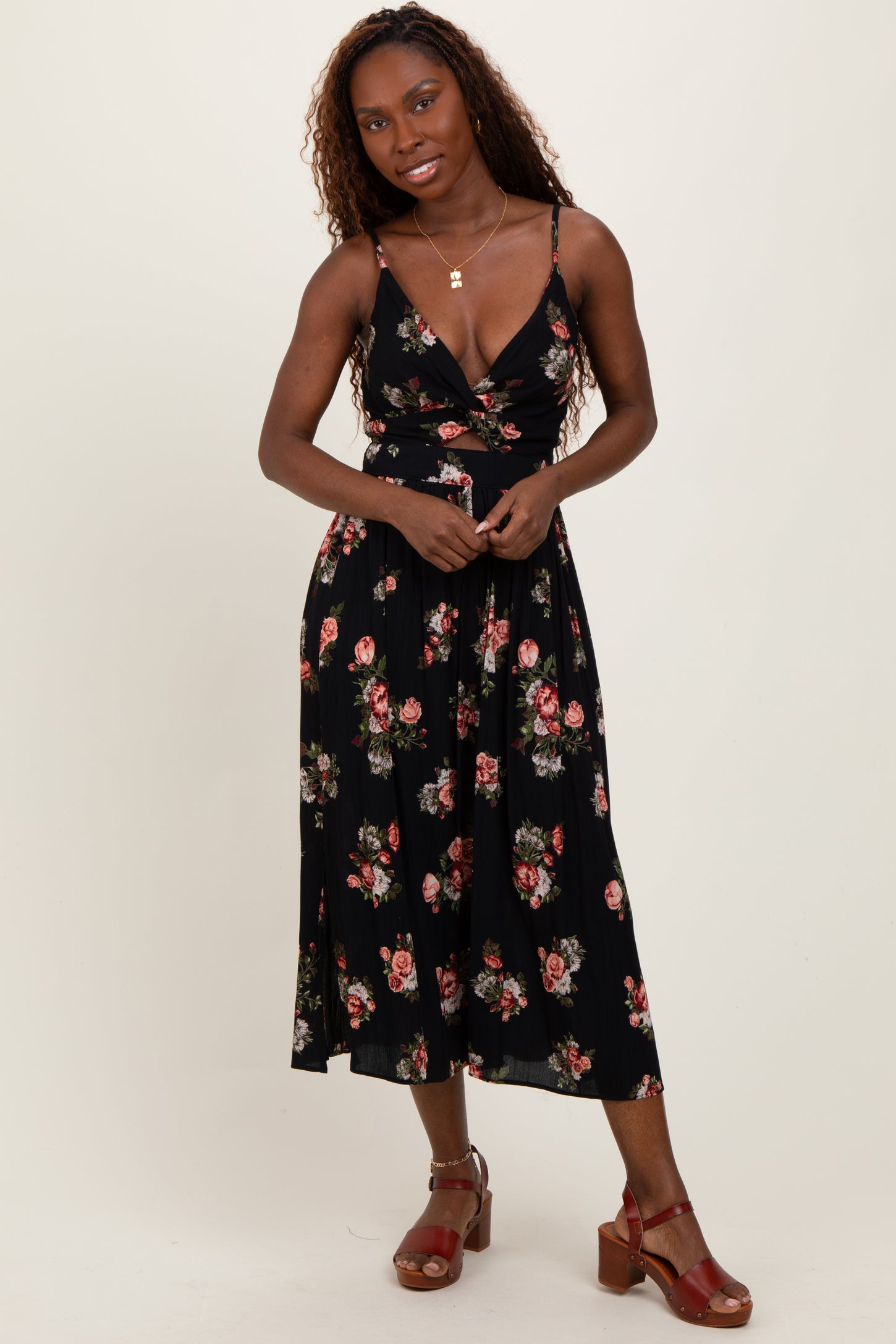 Black Rose Print Twist Front Cutout Midi Dress