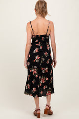 Black Rose Print Twist Front Cutout Maternity Midi Dress