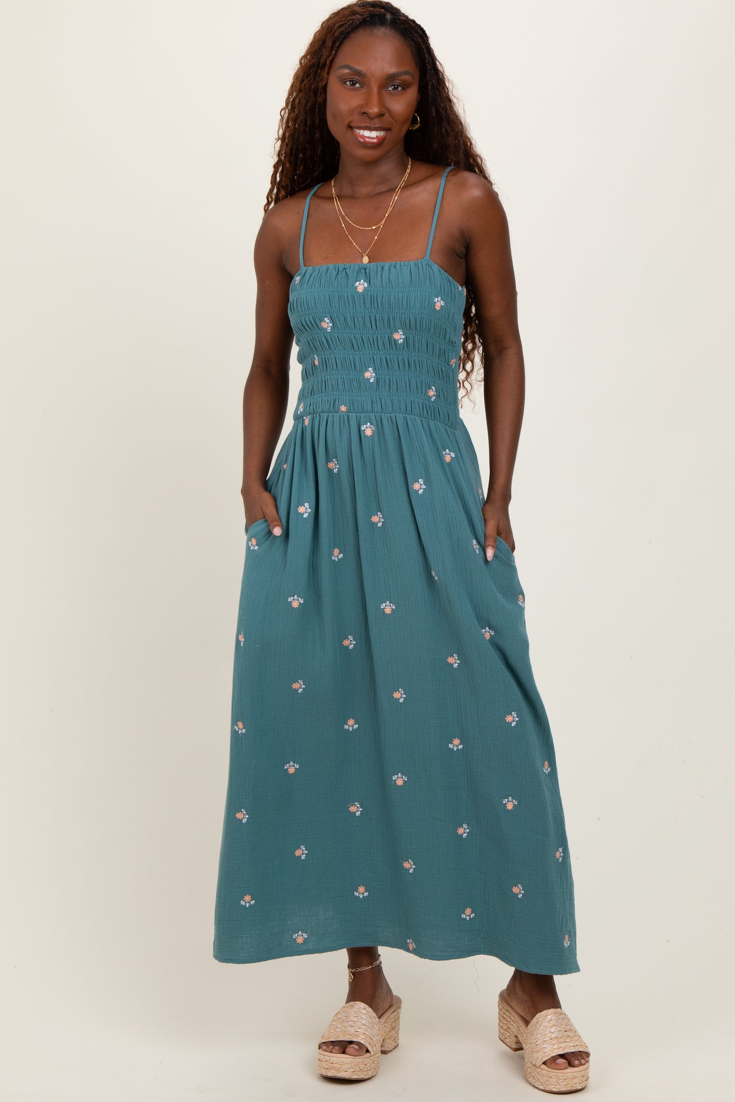 Light Teal Embroidered Floral Smocked Maternity Midi Dress