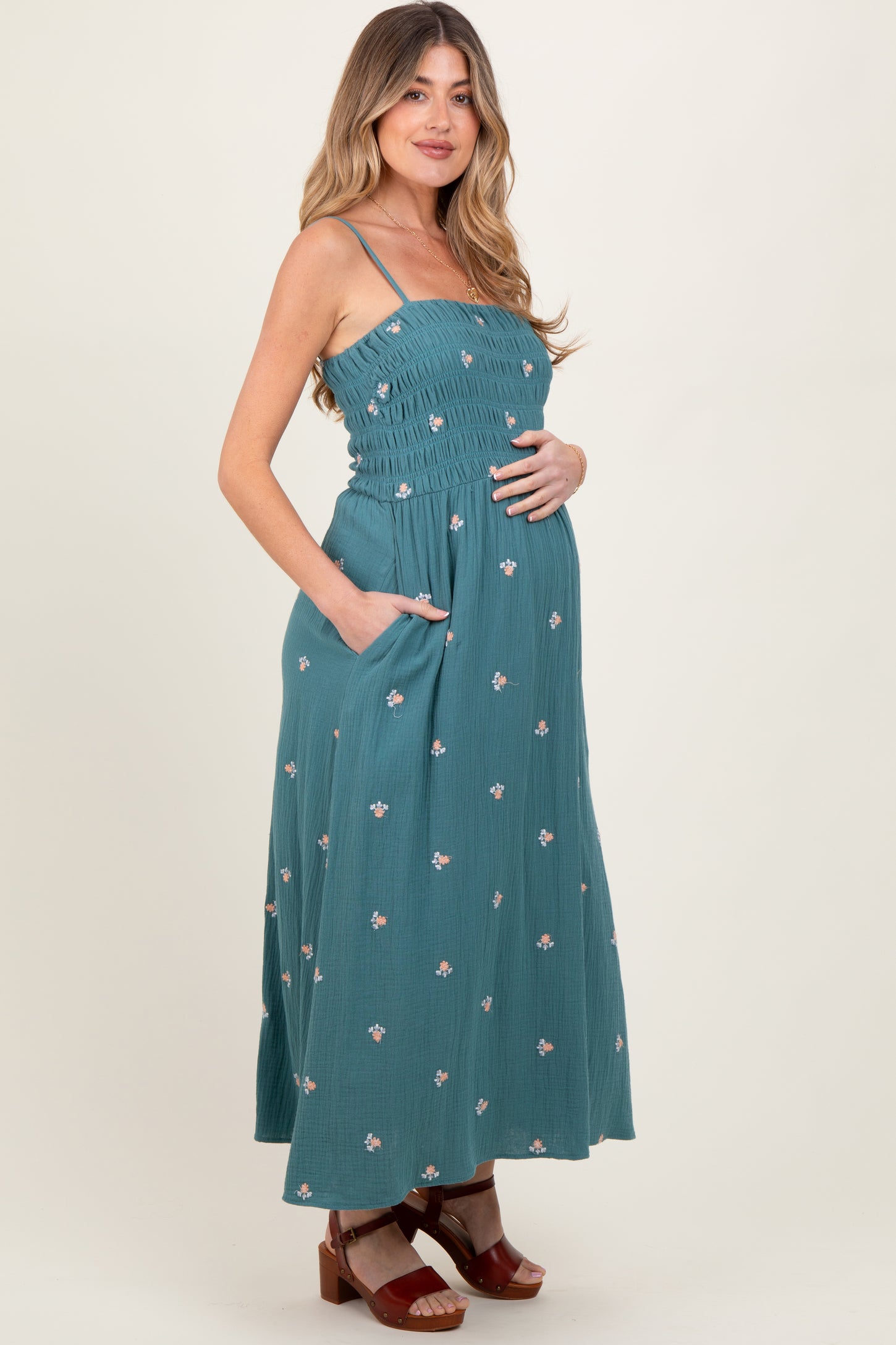 Light Teal Embroidered Floral Smocked Maternity Midi Dress