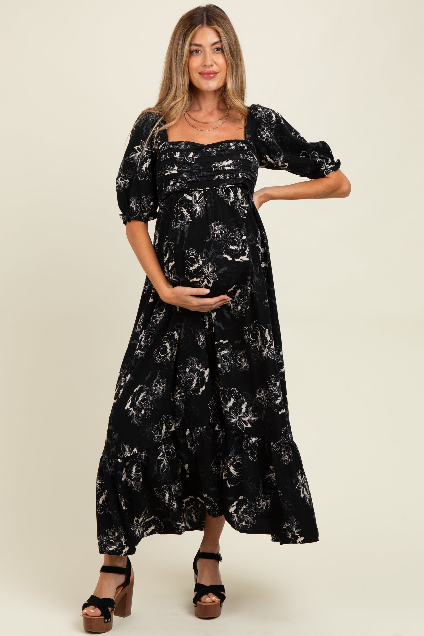 Black Rose Print Pleated Bodice Maternity Maxi Dress