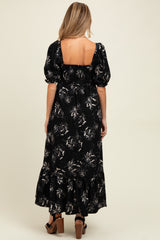 Black Rose Print Pleated Bodice Maternity Maxi Dress