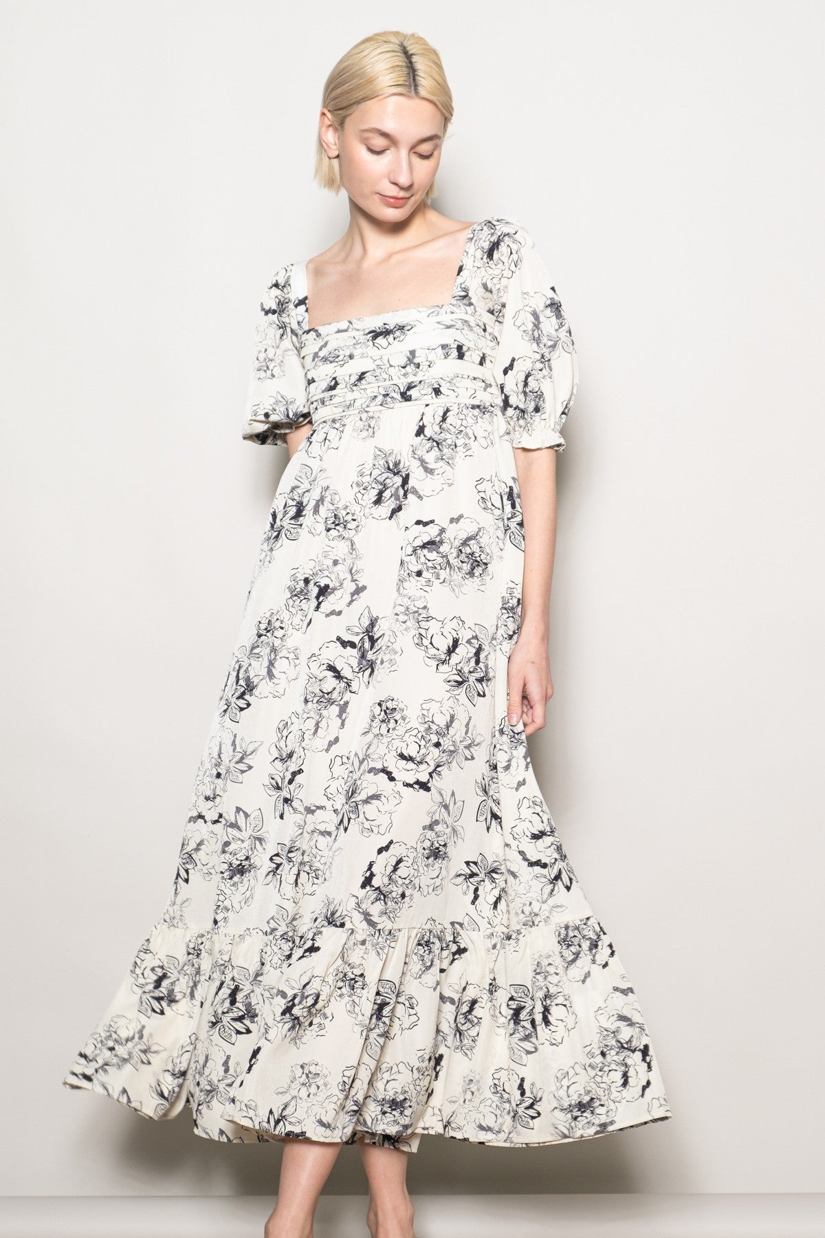 Ivory Rose Print Pleated Bodice Maxi Dress