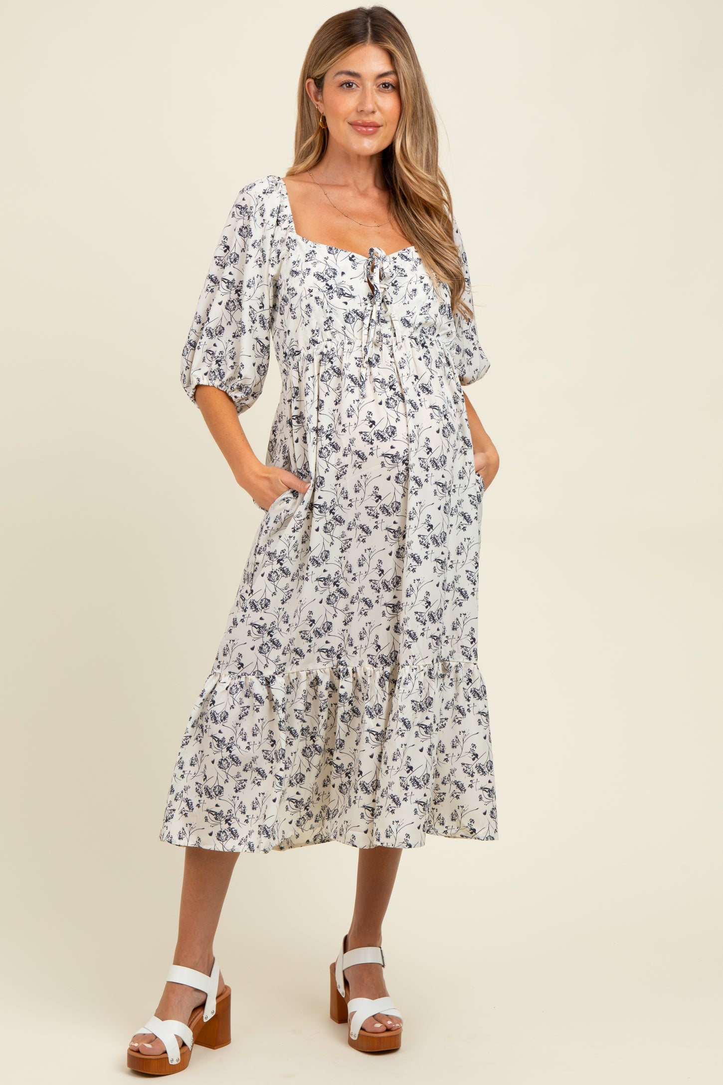 Ivory Floral Front Tie Puff Sleeve Maternity Midi Dress
