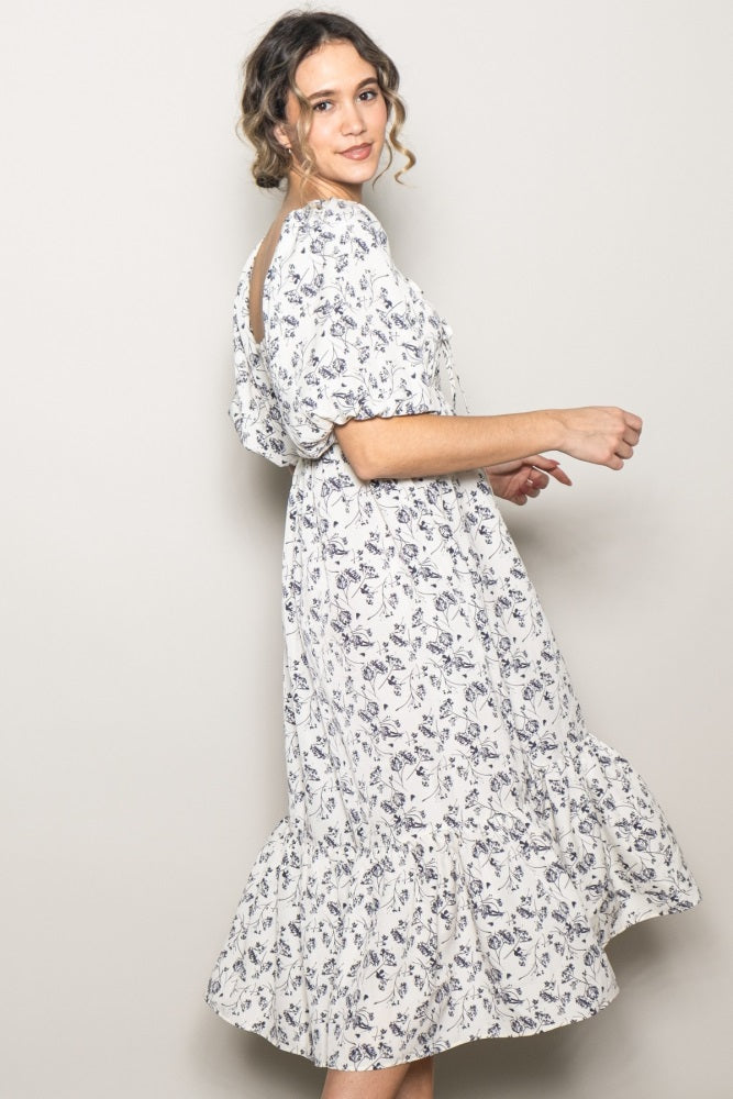 Ivory Floral Front Tie Puff Sleeve Midi Dress