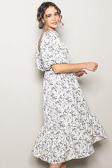 Ivory Floral Front Tie Puff Sleeve Midi Dress
