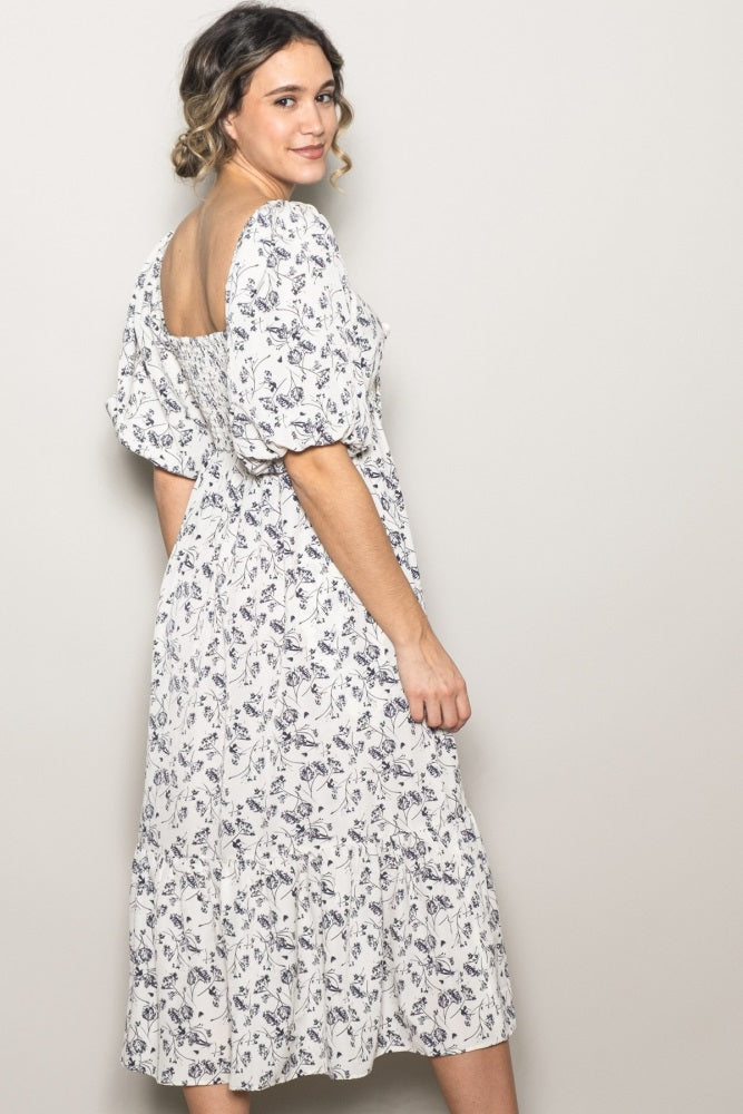 Ivory Floral Front Tie Puff Sleeve Midi Dress