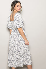 Ivory Floral Front Tie Puff Sleeve Midi Dress