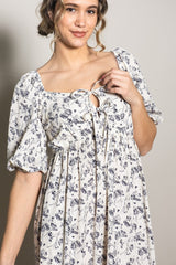 Ivory Floral Front Tie Puff Sleeve Midi Dress