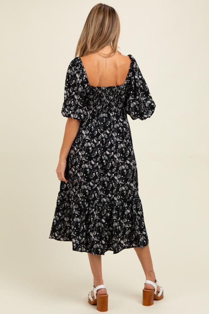 Black Floral Front Tie Puff Sleeve Maternity Midi Dress