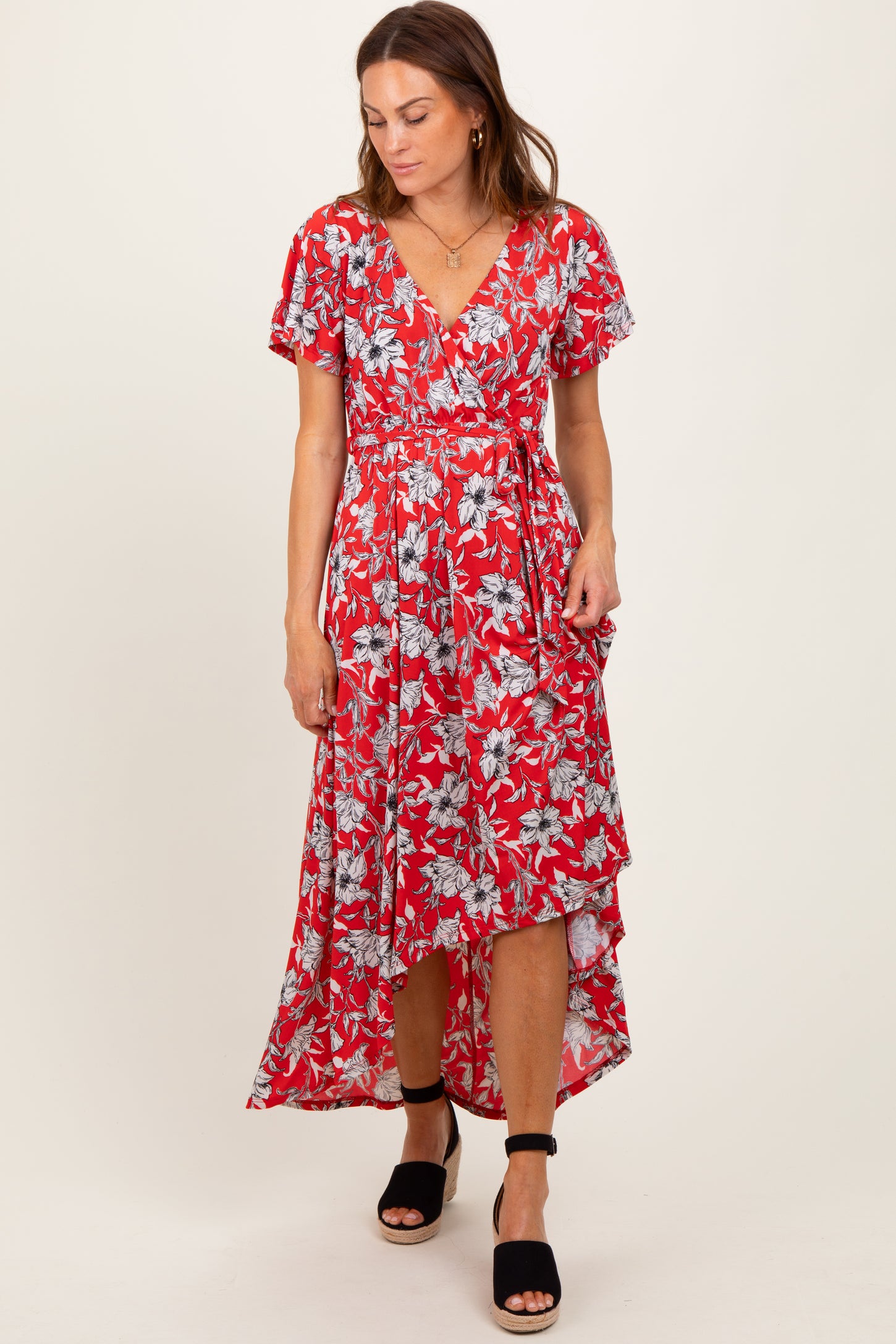 Red Floral Sash Tie Wrap Hi-Low Dress