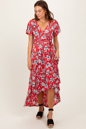Red Floral Sash Tie Wrap Hi-Low Dress