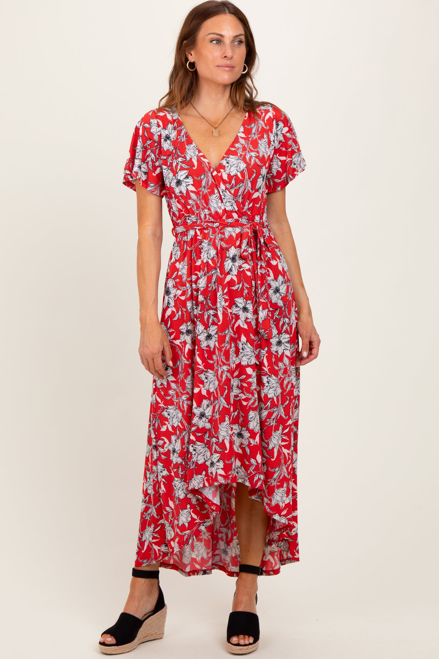 Red Floral Sash Tie Wrap Hi-Low Dress