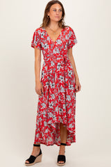Red Floral Sash Tie Wrap Hi-Low Dress