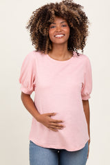 Light Pink Ribbed Puffed Sleeve Maternity Top