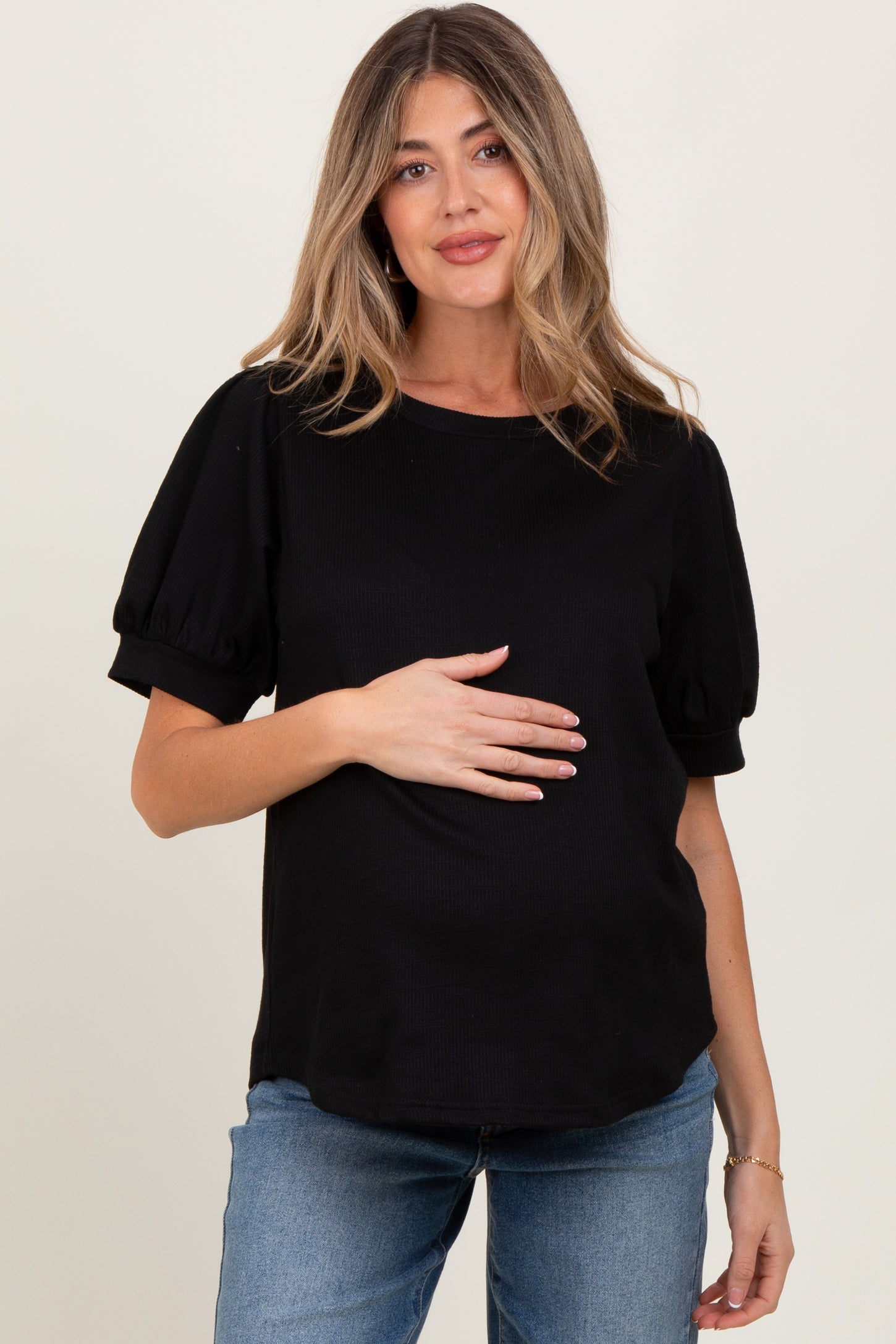 Black Ribbed Puffed Sleeve Maternity Top
