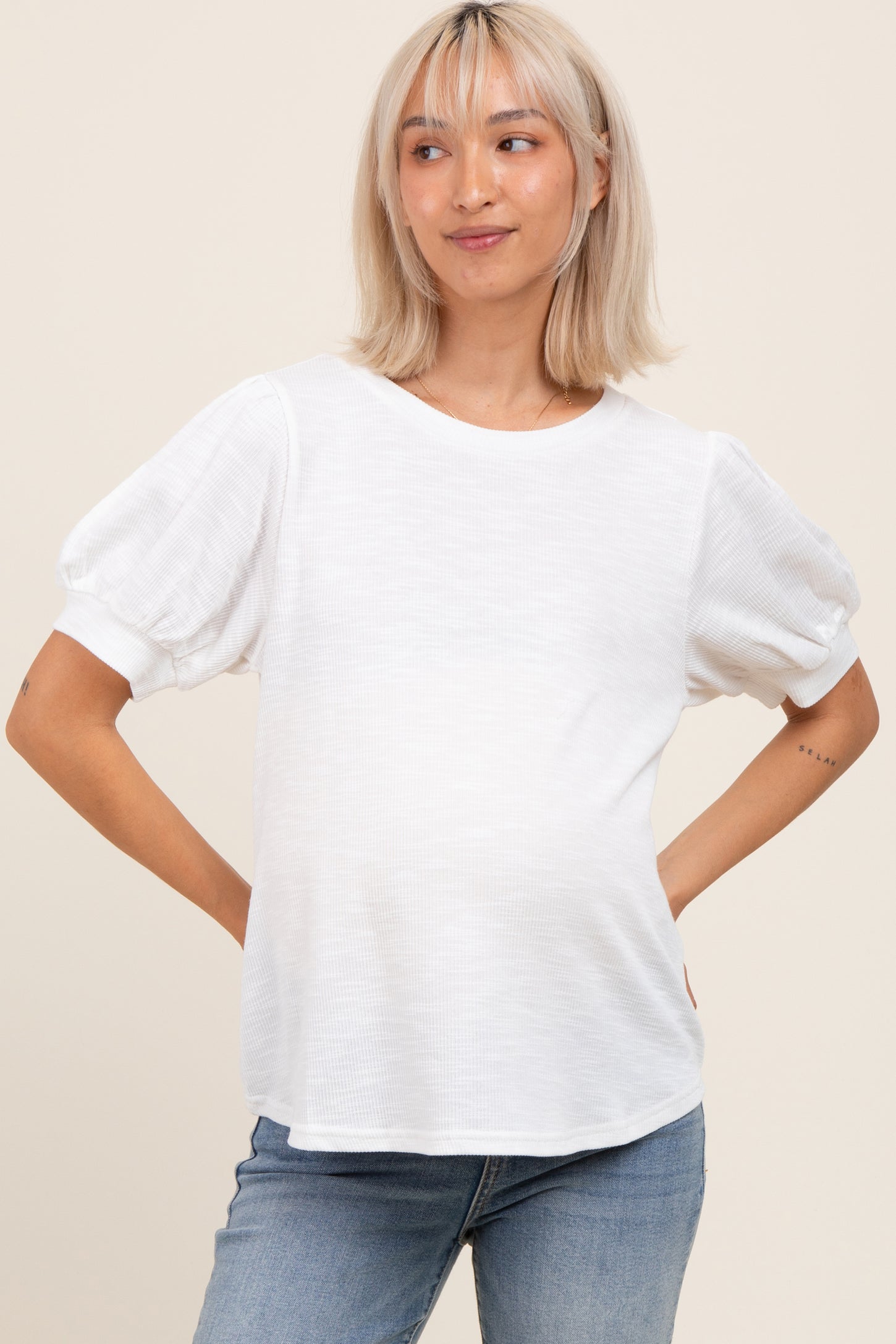 Ivory Ribbed Puffed Sleeve Maternity Top
