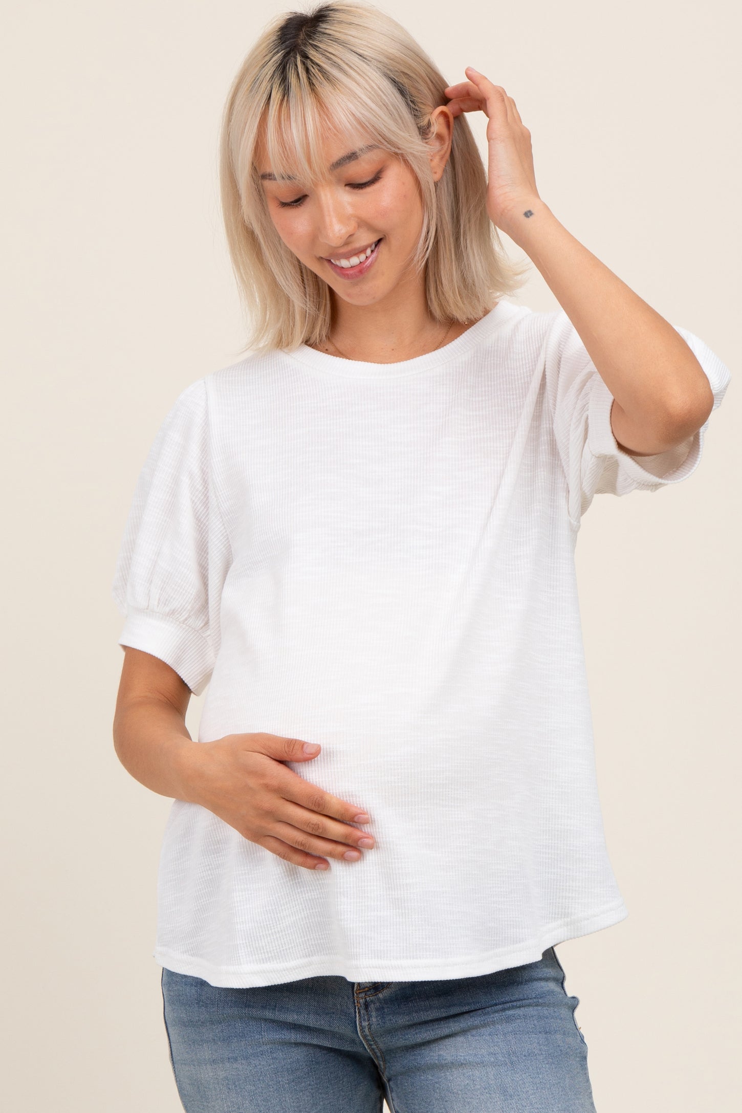 Ivory Ribbed Puffed Sleeve Maternity Top