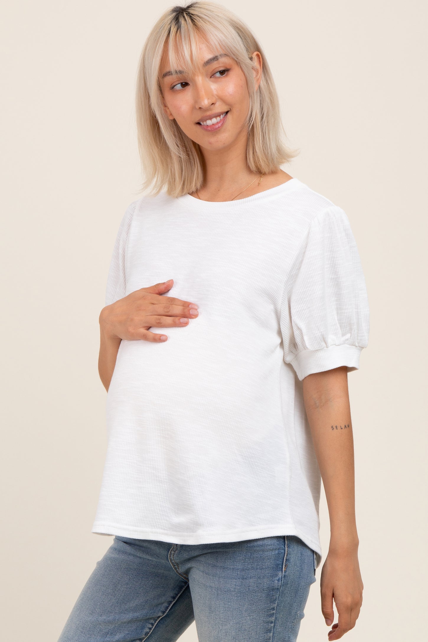 Ivory Ribbed Puffed Sleeve Maternity Top