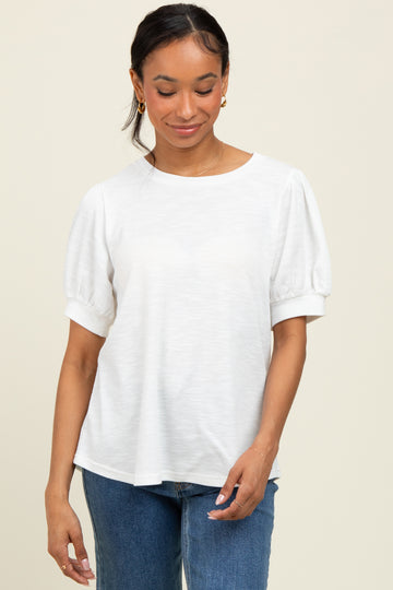Ivory Ribbed Puffed Sleeve Top