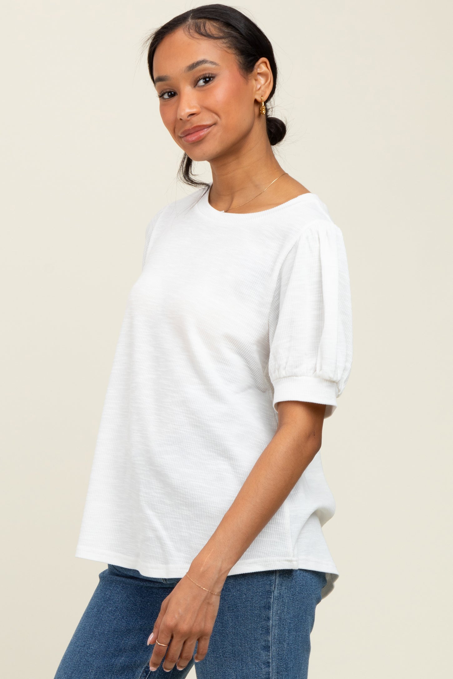 Ivory Ribbed Puffed Sleeve Top