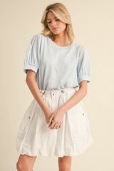 Light Blue Ribbed Puffed Sleeve Maternity Top