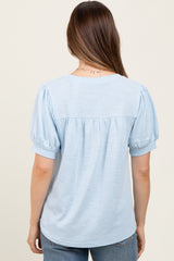 Light Blue Ribbed Puffed Sleeve Maternity Top