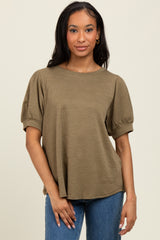 Olive Ribbed Puffed Sleeve Top