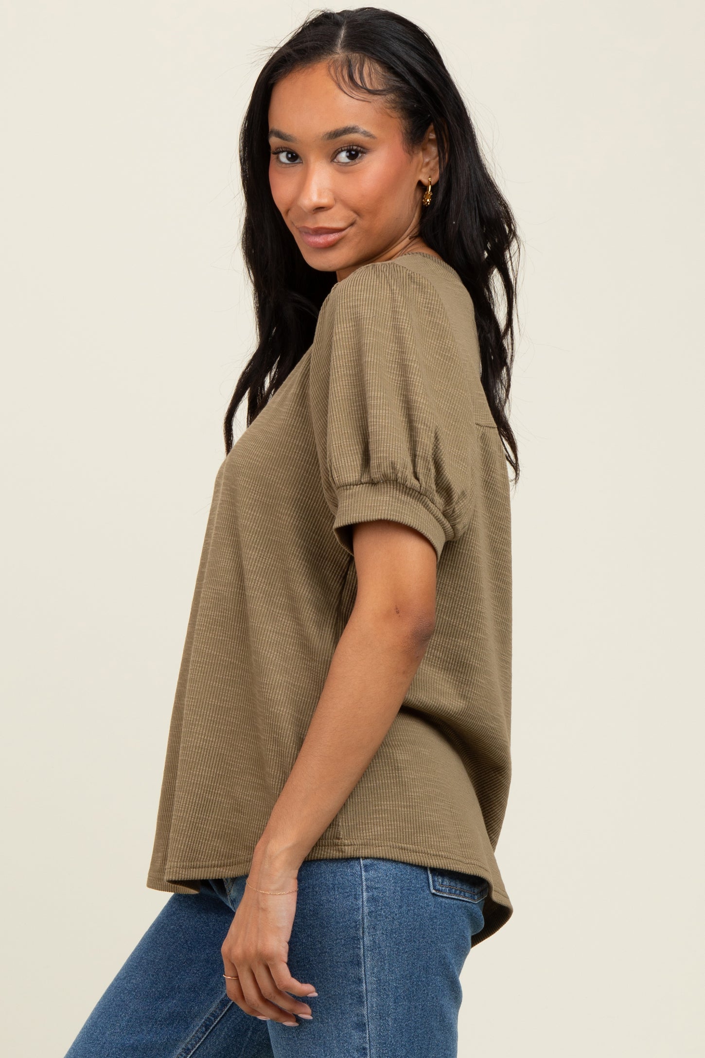 Olive Ribbed Puffed Sleeve Top