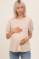 Beige Ribbed Puffed Sleeve Maternity Top