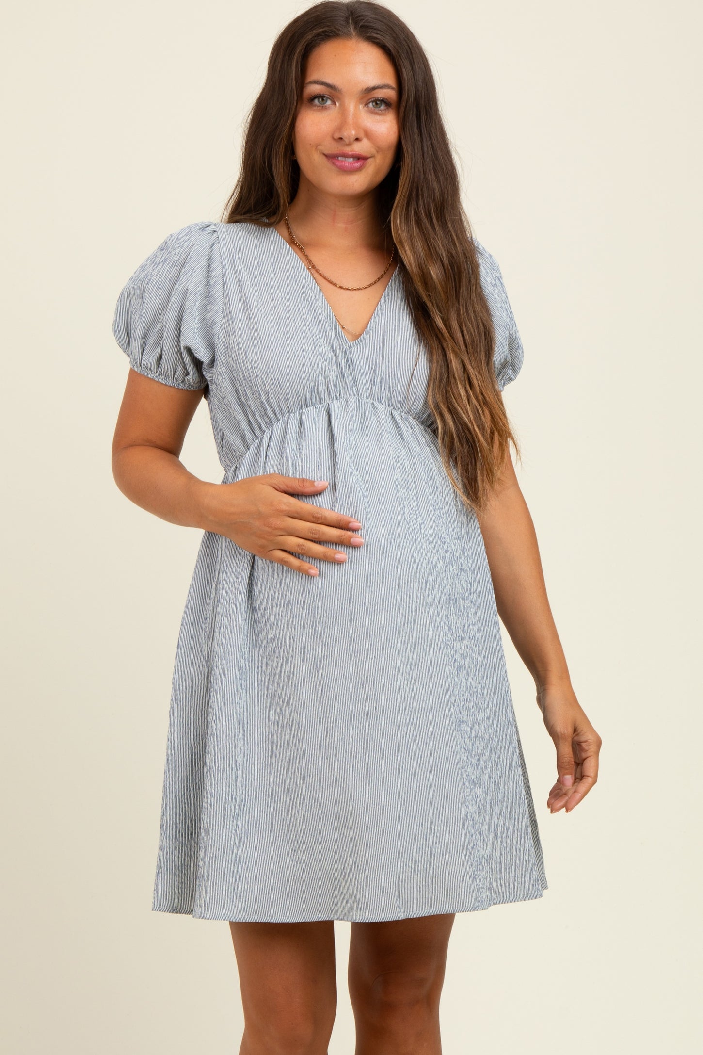 Navy Stripe Back Button Up Cutout Maternity Mini Dress
