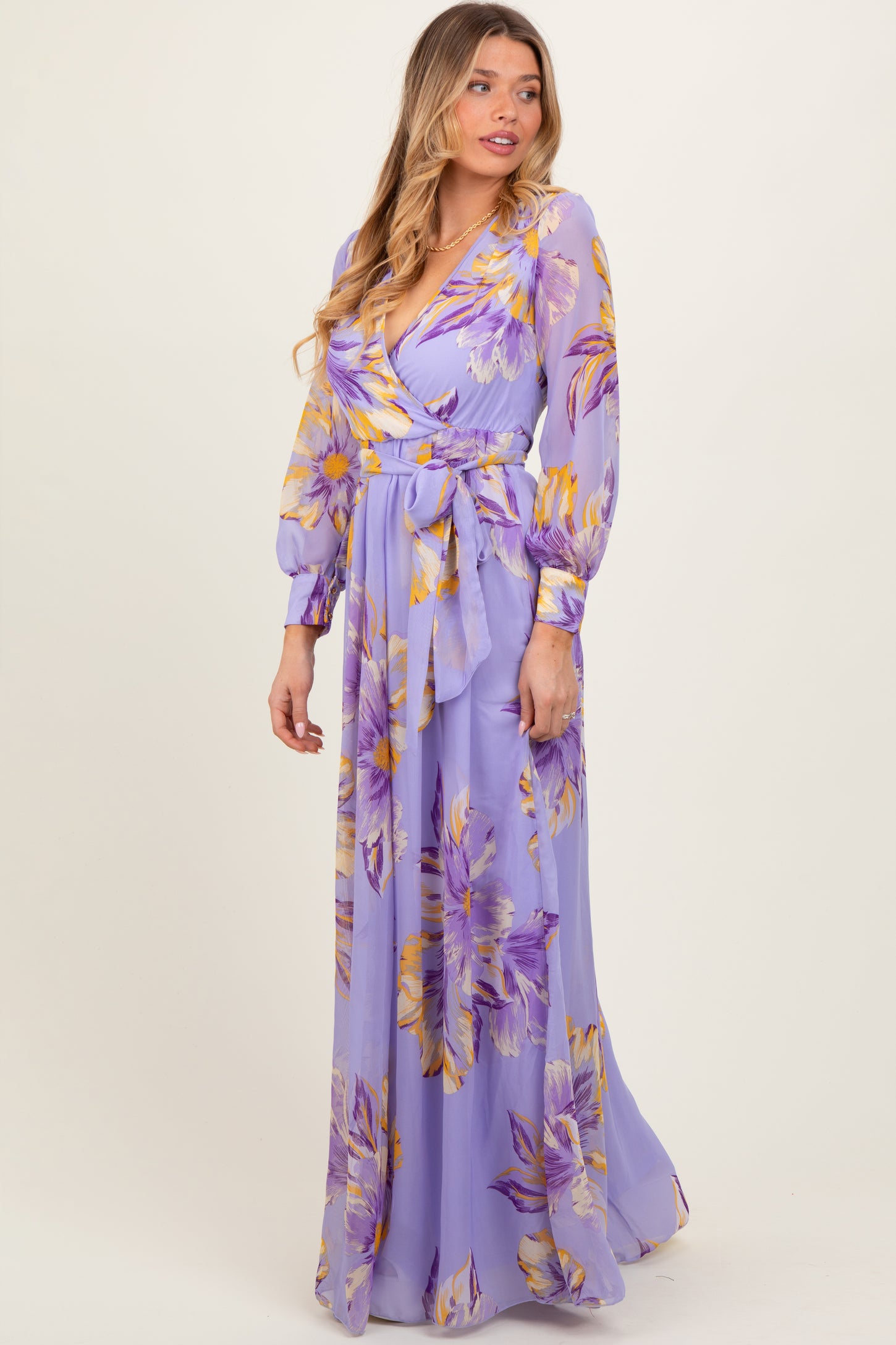 Lavender Floral Chiffon Sash Tie Wrap Maxi Dress