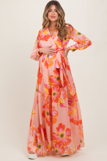 Peach Floral Chiffon Sash Tie Maternity Wrap Maxi Dress