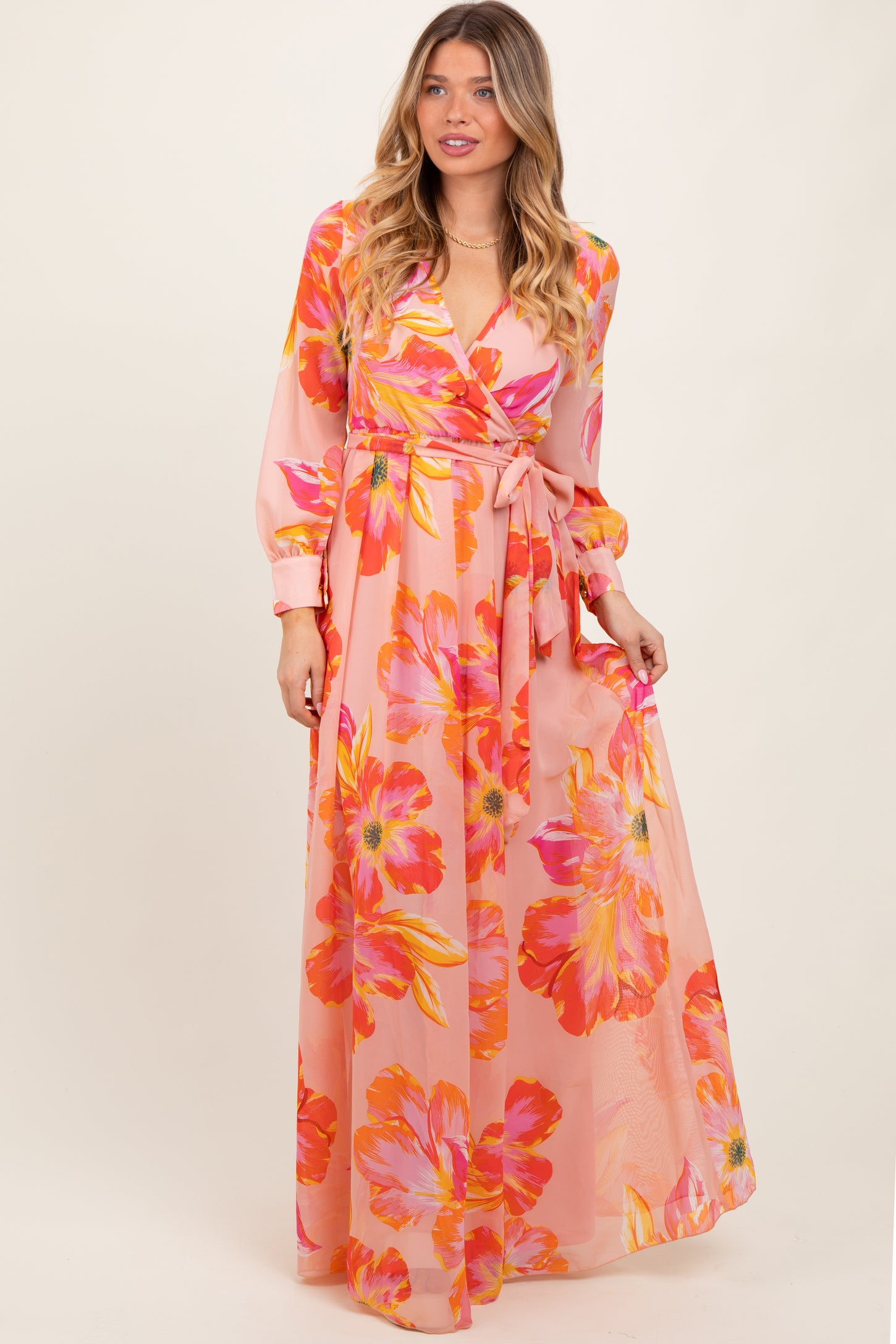 Peach Floral Chiffon Sash Tie Maternity Wrap Maxi Dress