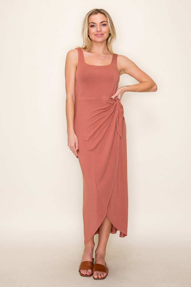 Light Rust Sleeveless Wrap Waist Maternity Midi Dress