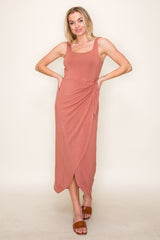 Light Rust Sleeveless Wrap Waist Midi Dress