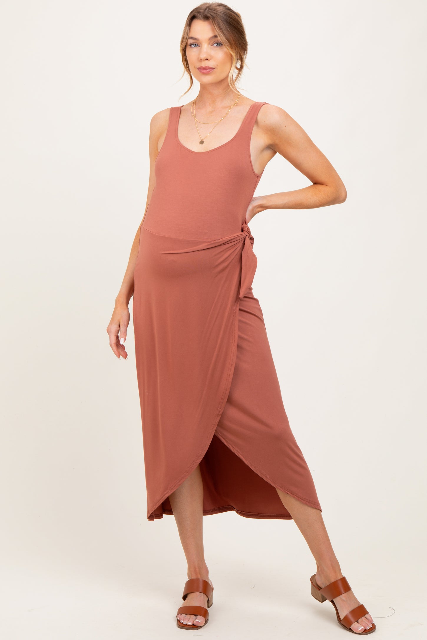 Light Rust Sleeveless Wrap Waist Maternity Midi Dress