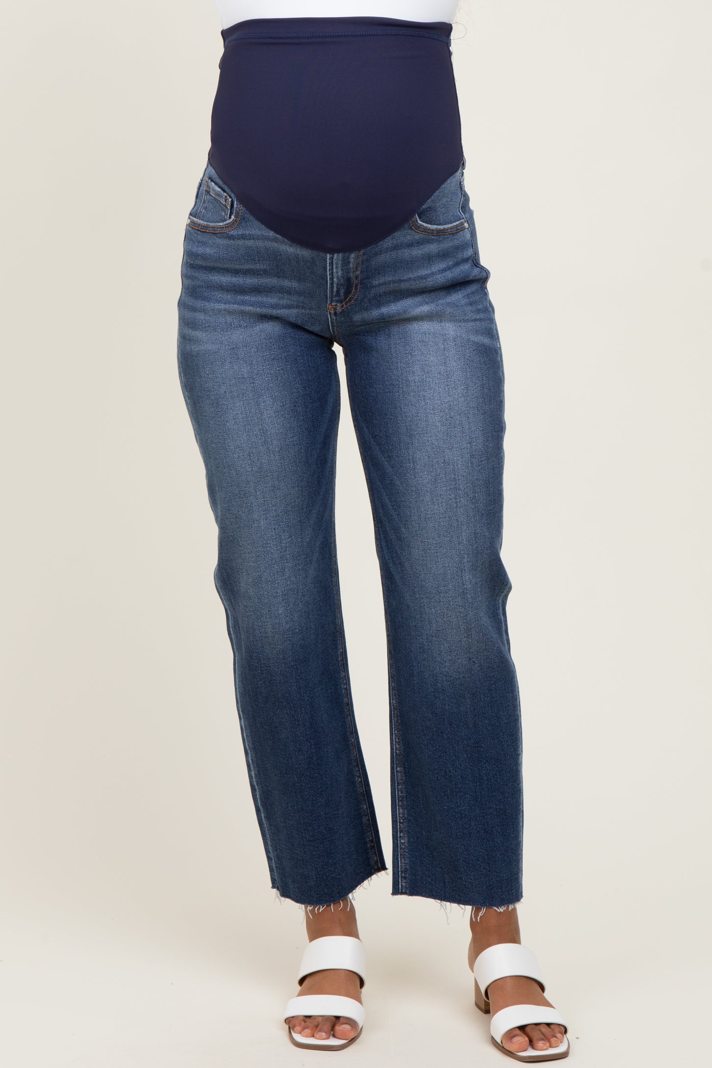 Navy Raw Hem Ankle Straight Leg Maternity Jeans