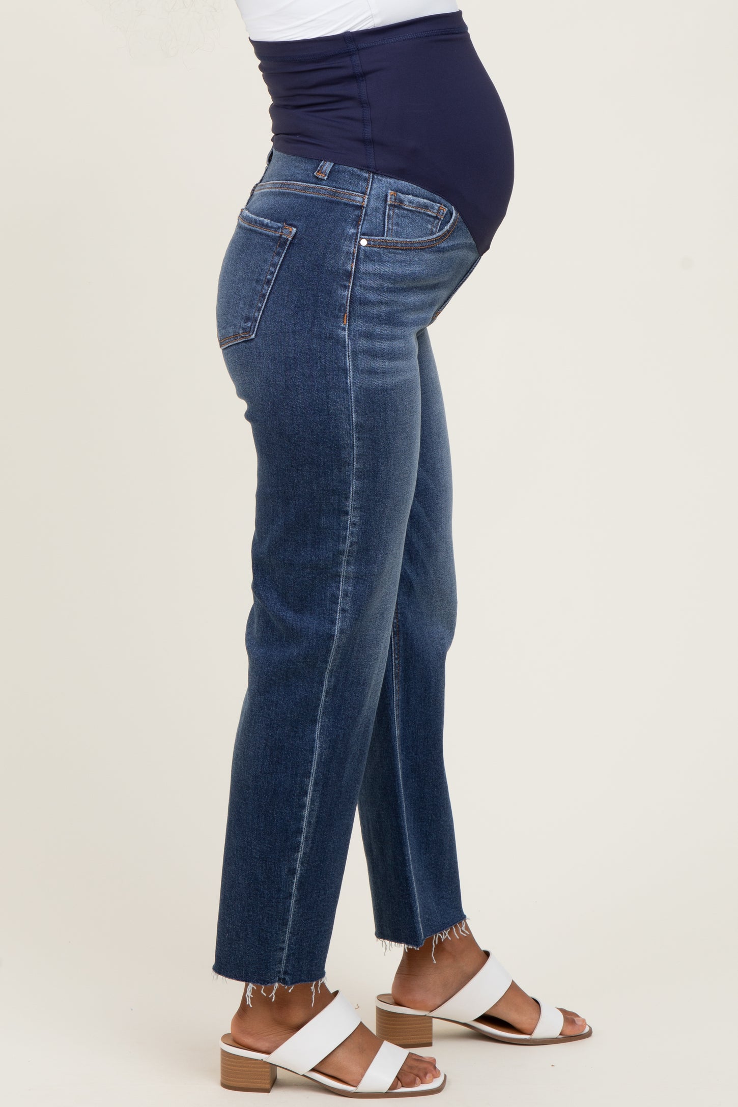 Navy Raw Hem Ankle Straight Leg Maternity Jeans