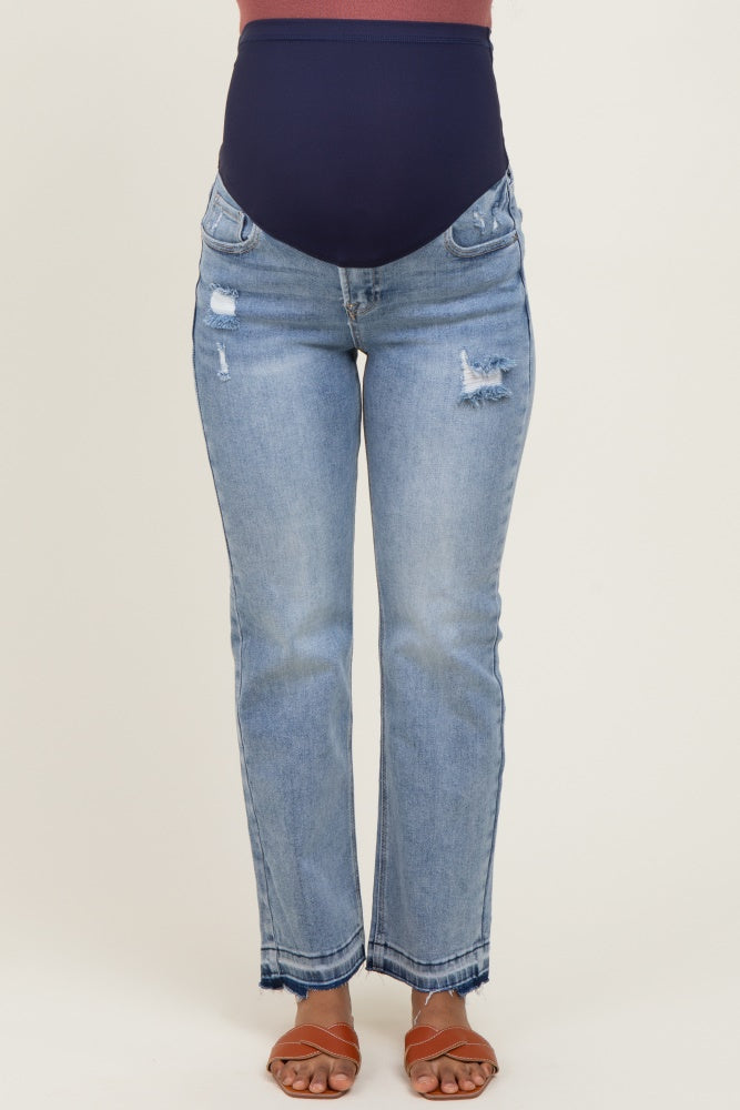 Light Blue Distressed Raw Hem Maternity Ankle Straight Leg Jeans