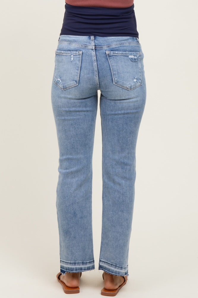 Light Blue Distressed Raw Hem Maternity Ankle Straight Leg Jeans