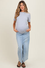 Light Blue Front Slit Fringe Hem Maternity Denim Maxi Skirt