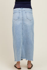 Light Blue Front Slit Fringe Hem Maternity Denim Maxi Skirt