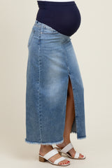 Blue Front Slit Fringe Hem Maternity Denim Maxi Skirt