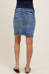 Blue Distressed Fringe Hem Maternity Mini Denim Skirt