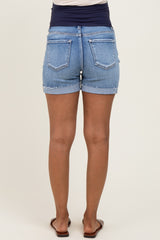 Blue Raw Cut Hem Cuffed Maternity Jean Shorts