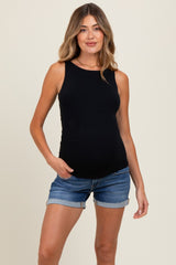 Navy Raw Cut Hem Cuffed Maternity Jean Shorts