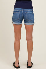 Navy Raw Cut Hem Cuffed Maternity Jean Shorts