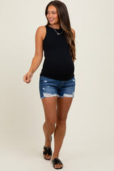 Navy Super Distressed Maternity Jean Shorts